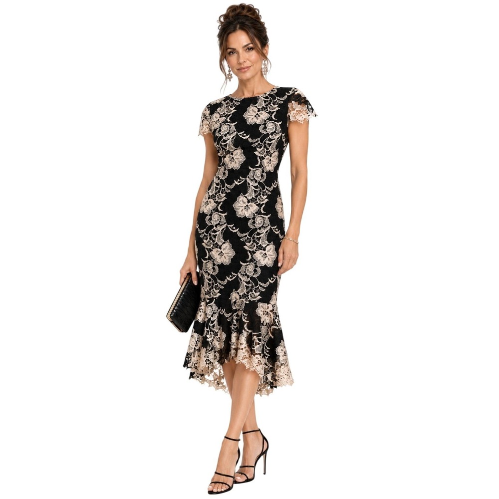 Alice + Olivia Midi Dress Lace Black Cream Floral Mermaid Elegant Cocktail Sz 0